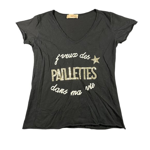 Free For Humanity Shirt Womens Large Black Glitter Paillettes French Graphic Tee - Picture 1 of 7